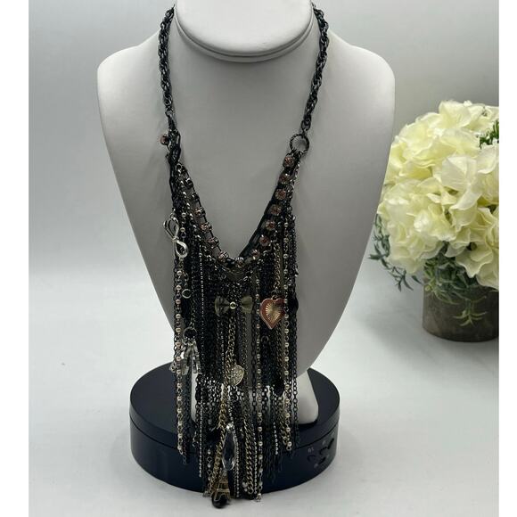 Black and Silver Rhinestone Bib Dangling Chain Charms Fringe Statement Necklace - Picture 1 of 9